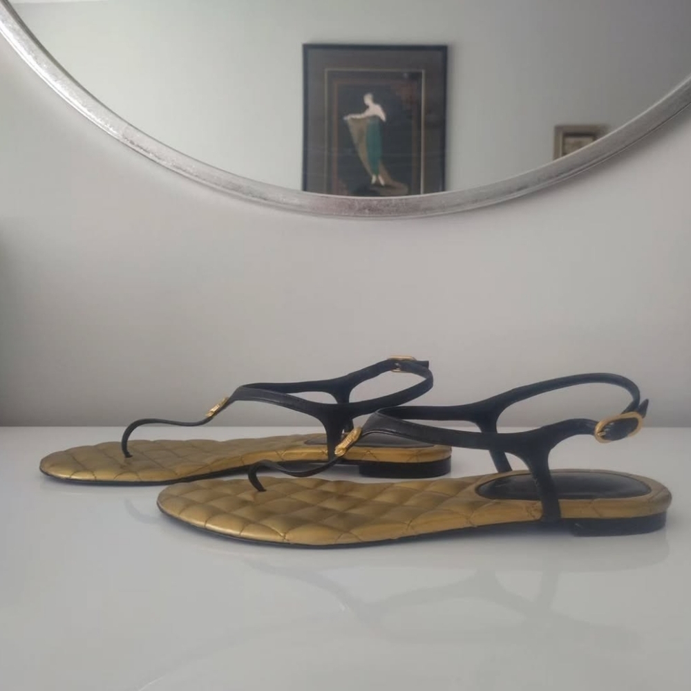 Chanel Black Gold CC Thong Flat Sandals - Picture 5 of 14
